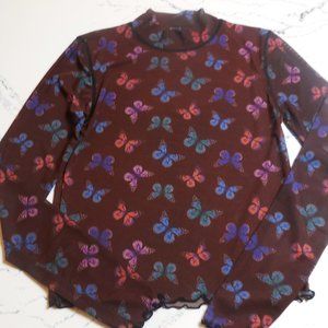 Turtleneck Nylon LARGE JUNIOR NEW Butterfly see-through mesh Slim Fit Top